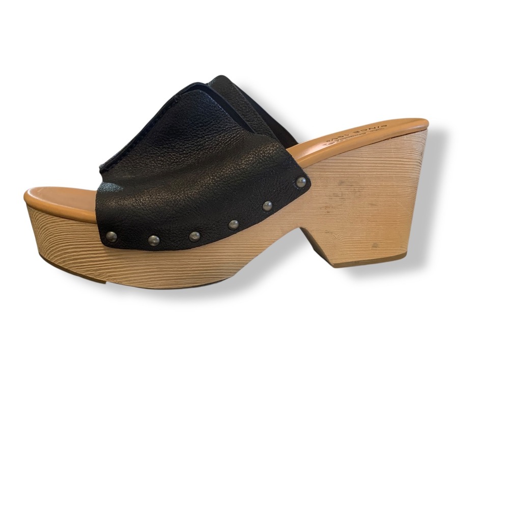 Kork Ease Black‎ Leather Wood Platform Wedge Clogs Sandals Women's